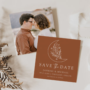 Eleganter Botanischer Mond und Sterne Terrakotta Save The Date