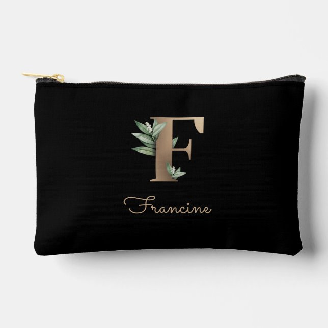 Eleganter Botanischer Monogram Gold Letter F Zubehörtasche (Vorderseite)