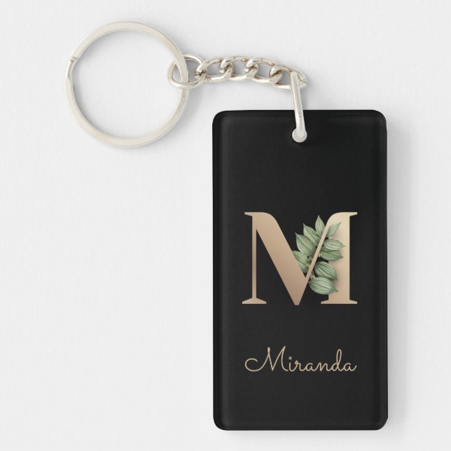 Eleganter Botanischer Monogram Gold Letter M Schlüsselanhänger (Vorderseite)