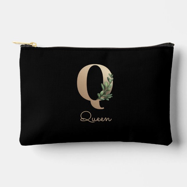 Eleganter Botanischer Monogram Gold Letter Q Zubehörtasche (Vorderseite)