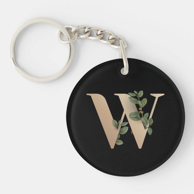 Eleganter Botanischer Monogram Gold Letter W Schlüsselanhänger (Vorderseite)