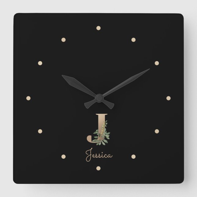 Eleganter Botanischer Monogramm-Brief J Quadratische Wanduhr (Vorderseite)