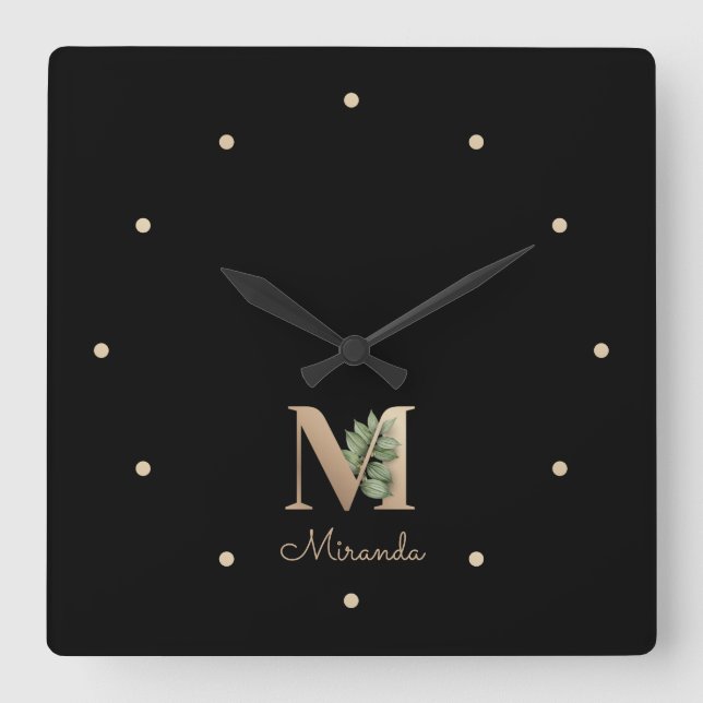 Eleganter Botanischer Monogramm-Brief M Quadratische Wanduhr (Vorderseite)