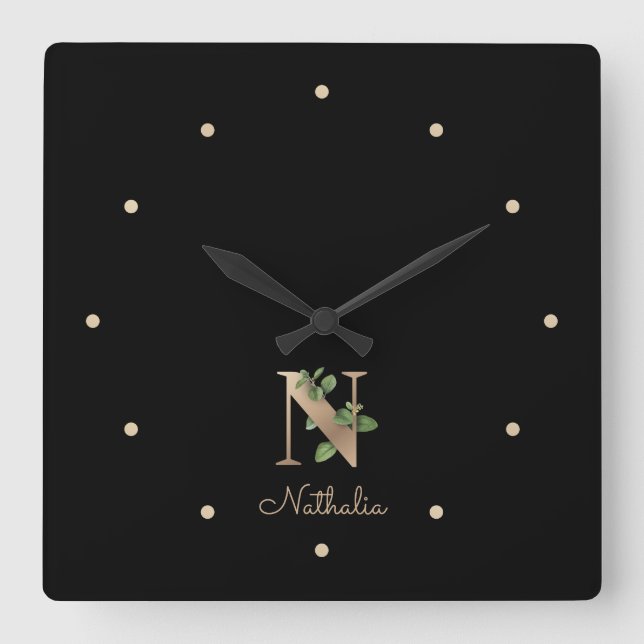 Eleganter Botanischer Monogramm-Brief N Quadratische Wanduhr (Vorderseite)