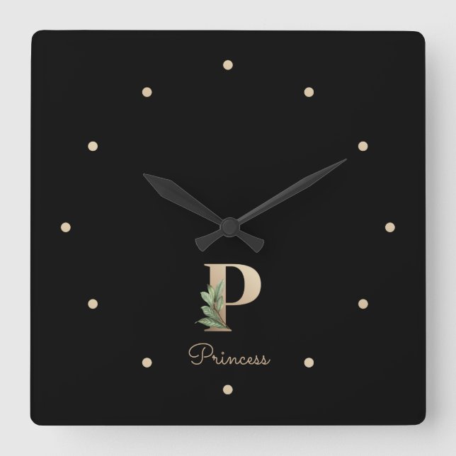 Eleganter Botanischer Monogramm-Brief P Quadratische Wanduhr (Vorderseite)