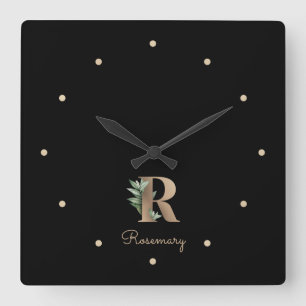 Eleganter Botanischer Monogramm-Brief R Quadratische Wanduhr