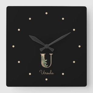 Eleganter Botanischer Monogramm-Brief U Quadratische Wanduhr