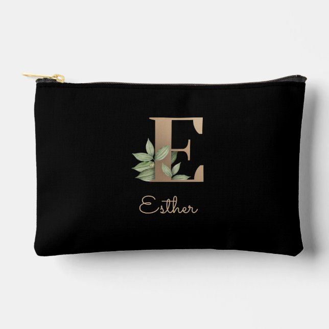 Eleganter Botanischer Monogramm-Goldbrief E Zubehörtasche (Vorderseite)