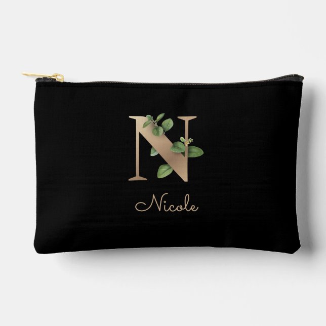 Eleganter Botanischer Monogramm-Goldbrief N Zubehörtasche (Vorderseite)