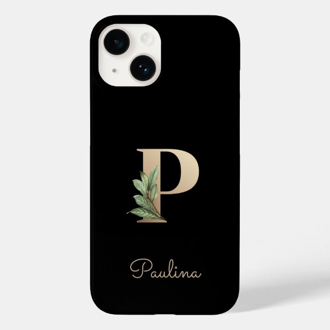Eleganter Botanischer Monogramm-Goldbrief P Case-Mate iPhone 14 Hülle (Rückseite)