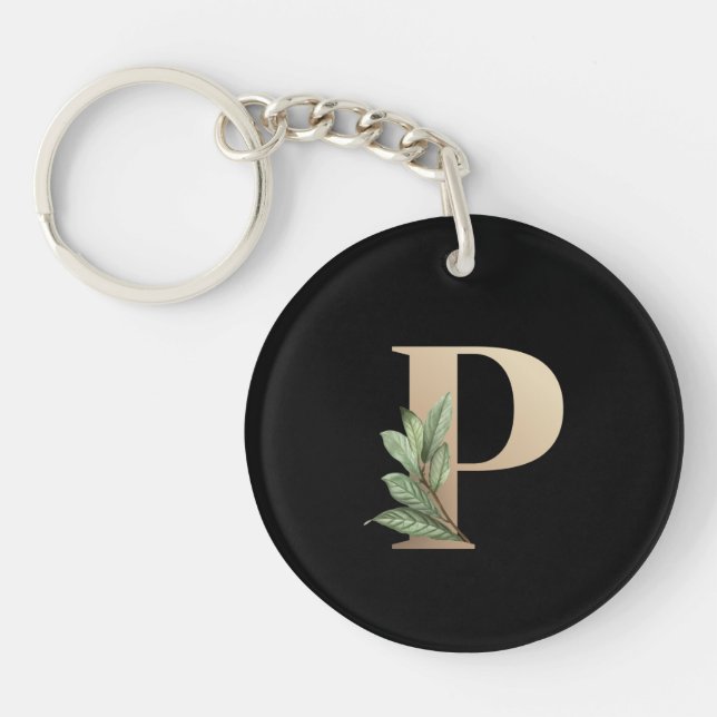 Eleganter Botanischer Monogramm-Goldbrief P Schlüsselanhänger (Vorderseite)
