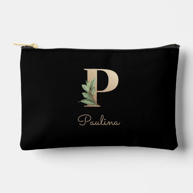 Eleganter Botanischer Monogramm-Goldbrief P Zubehörtasche (Vorderseite)