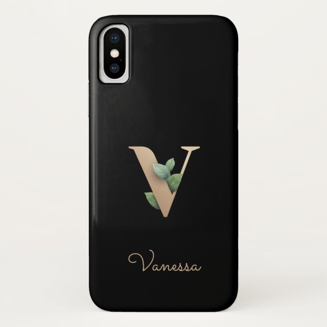 Eleganter Botanischer Monogramm-Goldbrief V Case-Mate iPhone Hülle (Rückseite)