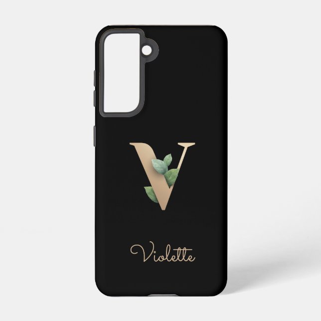 Eleganter Botanischer Monogramm-Goldbrief V Samsung Galaxy Hülle (Rückseite)