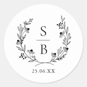 Eleganter botanischer Monogramm-Kranz Hochzeit Runder Aufkleber