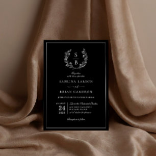 Eleganter botanischer Monogramm-Kranz schwarze Hoc Einladung