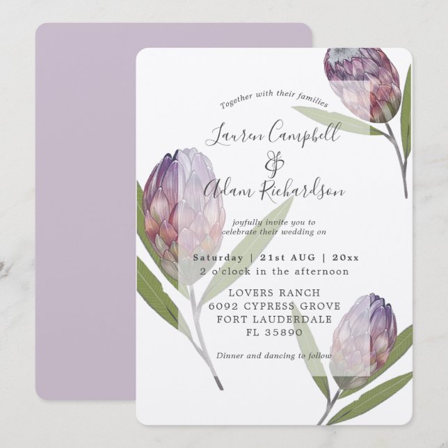 Eleganter botanischer Protea Lila Hochzeit Einladu Einladung (Vorne/Hinten)