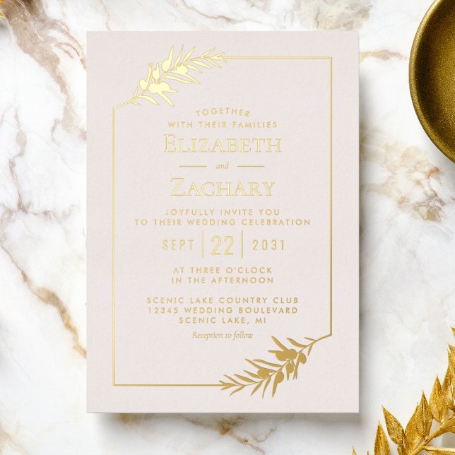 Eleganter botanischer Rahmen Gold Rosa Hochzeit Folieneinladung (Von Creator hochgeladen)
