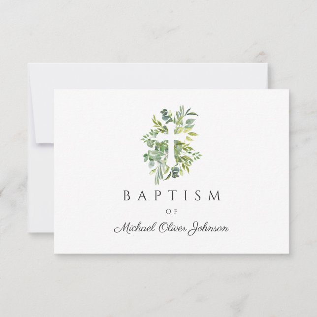 Eleganter Botanischer Religiöser Cross Baptismus RSVP Karte (Rückseite)