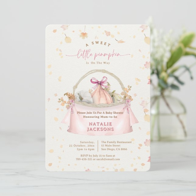 Eleganter Bow Sweet Pink Little Pumpkin Baby Showe Einladung (Stehend Vorderseite)