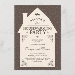 Eleganter brauner Damastcreme-Haus Housewarming Einladung