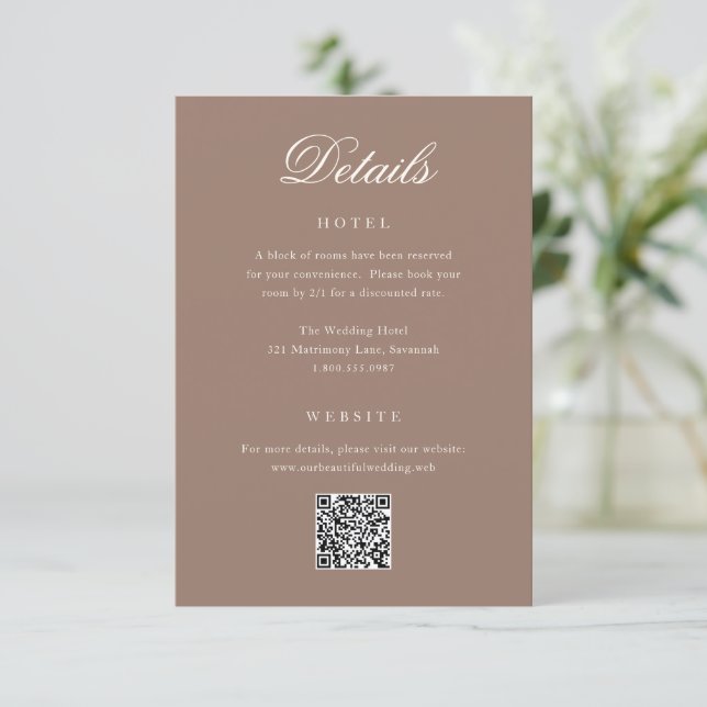 Eleganter Brauner Romantischer QR-Code Hochzeit Begleitkarte (Stehend Vorderseite)