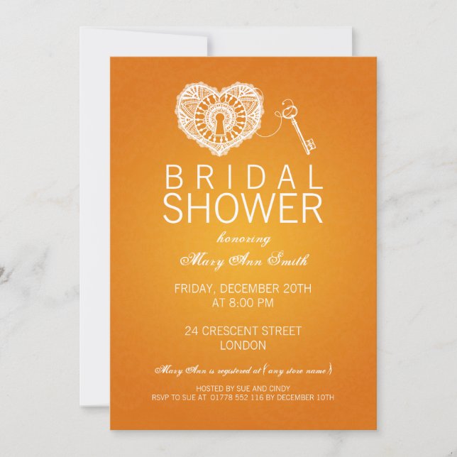 Eleganter Brautparty-Key für mein Herz Orange Einladung (Vorderseite)