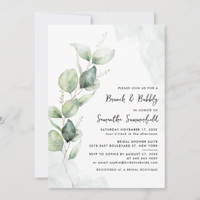 Eleganter Brunch und Bubbly Brautparty Eukalyptus Einladung (Vorderseite)