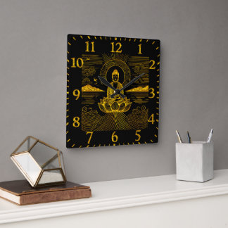 Eleganter Buddha, umgeben von Wellen und Bergen Quadratische Wanduhr
