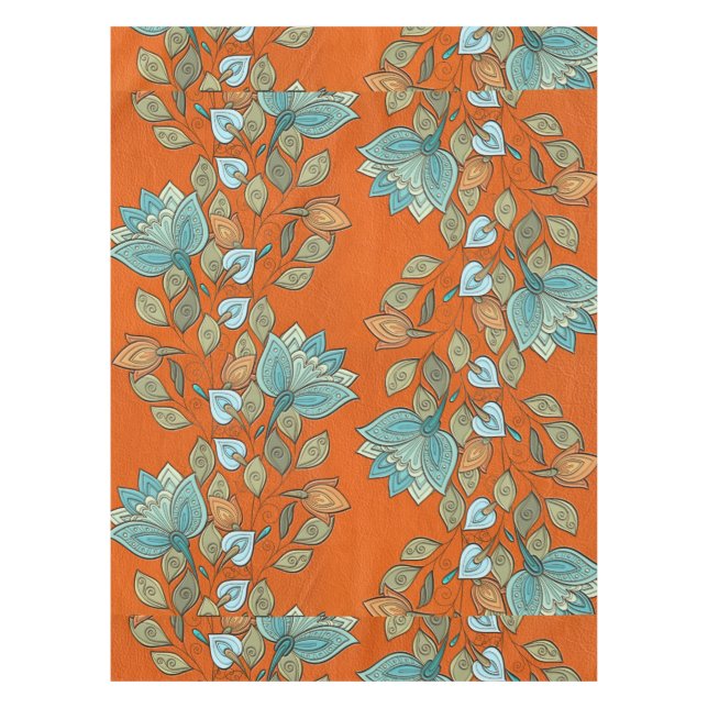 Eleganter bunter Blumenstrudel auf orange Leder Tischdecke (Vorderseite)