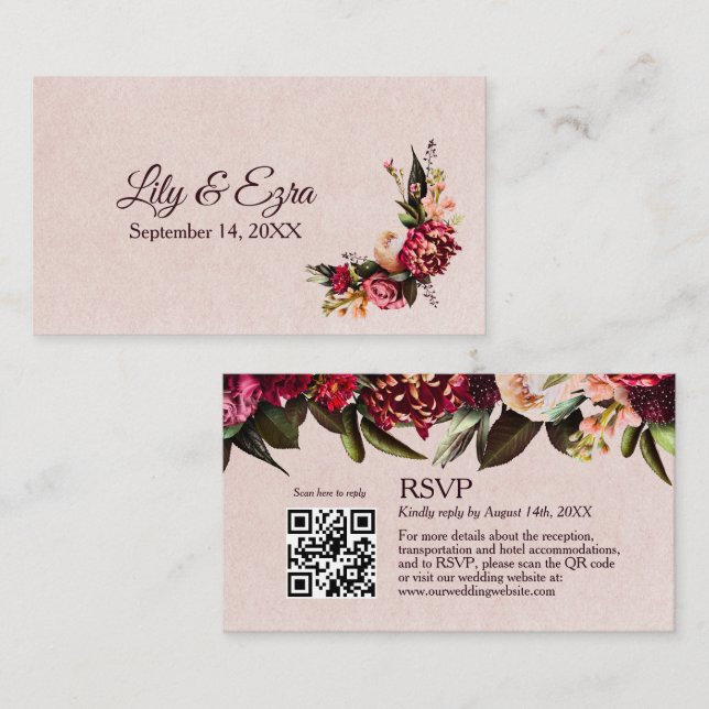 Eleganter Burgund-Blush-RSVP-Karte QR-Code Begleitkarte (Vorne/Hinten)