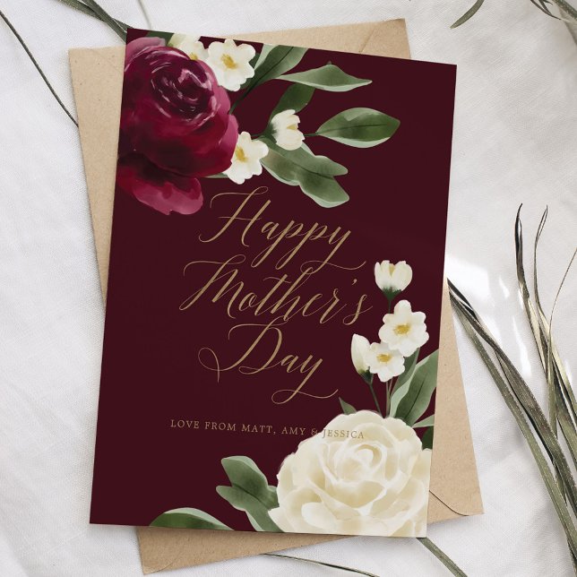Eleganter Burgund & Creme Rose Blossom Muttertag Karte (Elegant Burgundy & Cream Rose Blossom Mother's Day Card)
