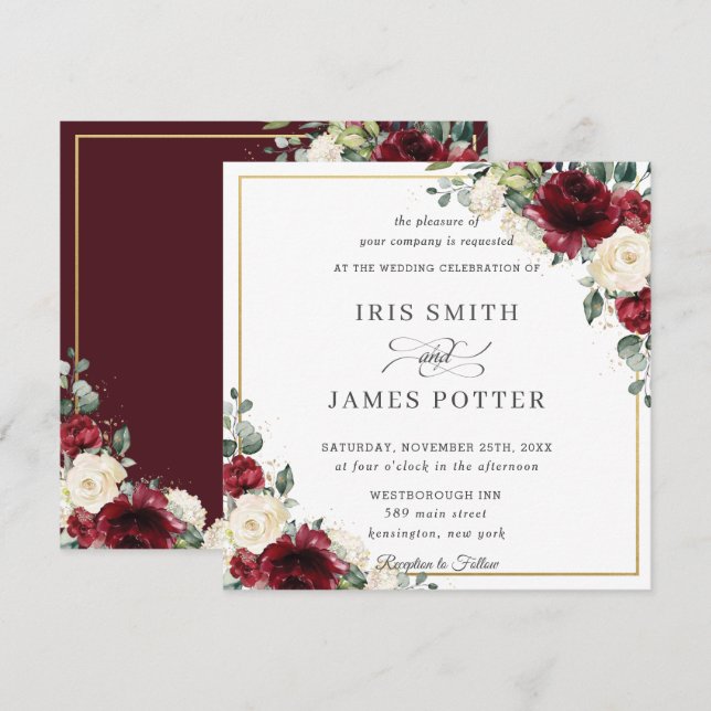 Eleganter Burgund Elfenbeinblume Gold Wedding Squa Einladung (Vorne/Hinten)