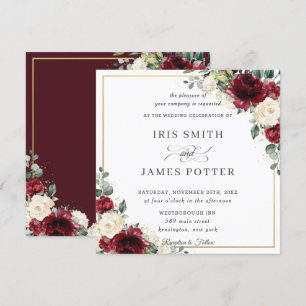 Eleganter Burgund Elfenbeinblume Gold Wedding Squa Einladung