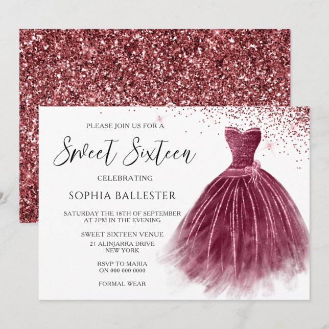 Eleganter Burgund Glitzer Gown Sweet 16 Party Einladung (Vorne/Hinten)