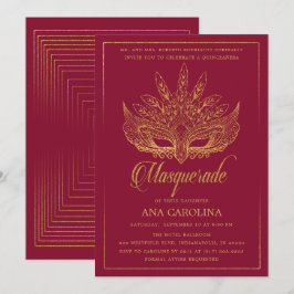 Eleganter Burgund Glitzer Masquerade Quinceañera Einladung