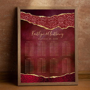 Eleganter Burgund & Gold Achat Hochzeitssitzplan Poster