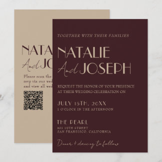 Eleganter Burgunder-Gold-QR-Code Hochzeit im Stil  Einladung