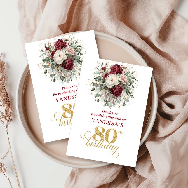 Eleganter Burgunder-Rosa 80. Geburtstag Danke  (Graceful Blush Burgundy 80th Birthday Thank You Card)