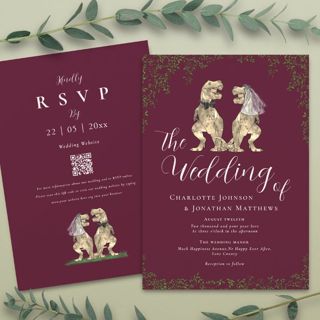 Eleganter Burgunder- und Cremedinosaurier-Hochzeit Einladung (T-Rex bride and groom funny dinosaur burgundy & ivory cream wedding qr code invitation )