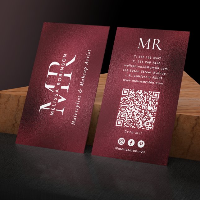 Eleganter Burgunderroter Monogramm-QR-Code Social  Visitenkarte (Von Creator hochgeladen)