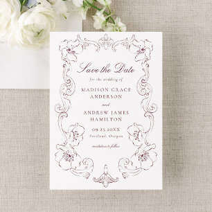 Eleganter burgunderroter verzierter Blumenrahmen H Save The Date