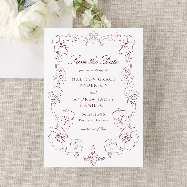 Eleganter burgunderroter verzierter Blumenrahmen H Save The Date (Von Creator hochgeladen)