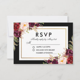 Eleganter Burgundy Bloral Black Gold Wedding RSVP