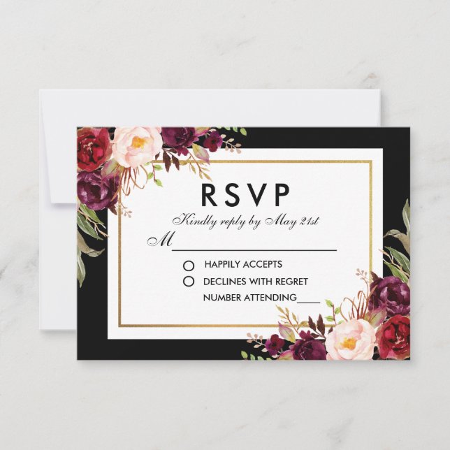Eleganter Burgundy Bloral Black Gold Wedding RSVP (Vorderseite)