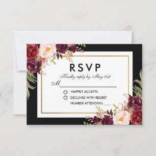 Eleganter Burgundy Bloral Black Gold Wedding RSVP Karte