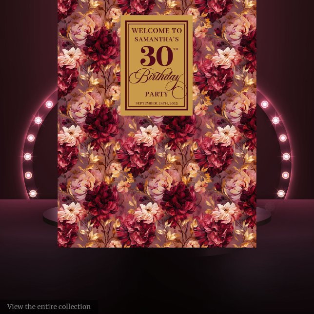 Eleganter Burgundy Blush Gold 30. Geburtstag Hinte Wandteppich (Elegant Burgundy Blush Gold 30th Birthday Backdrop)