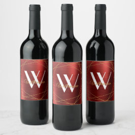 Eleganter Burgundy Brushed Metal Monogram Name Weinetikett