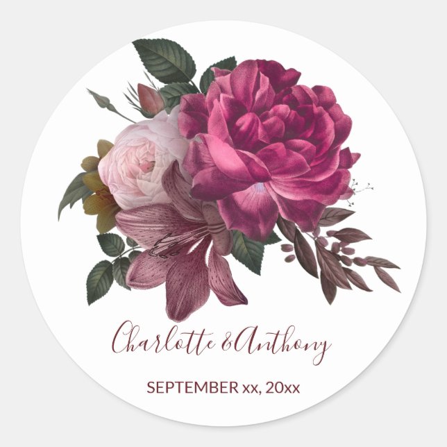 Eleganter Burgundy Floral Round Wedding Sticker (Vorderseite)