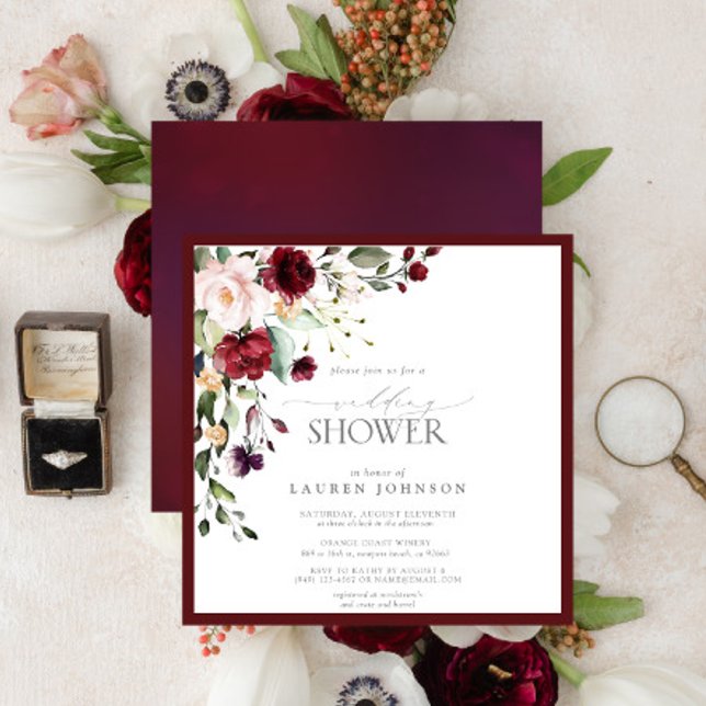Eleganter Burgundy Floral Watercolor Polterabend Einladung (Von Creator hochgeladen)
